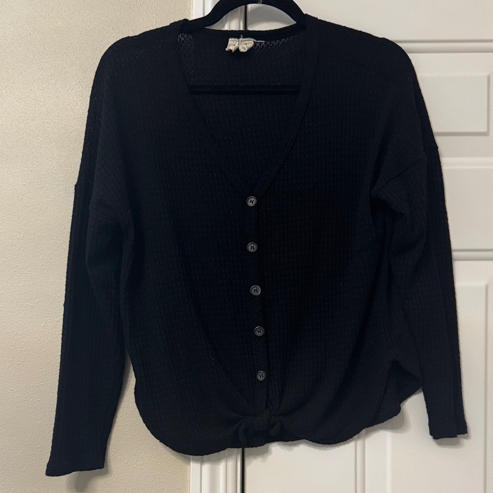 Black Button-Up V Neck Henley